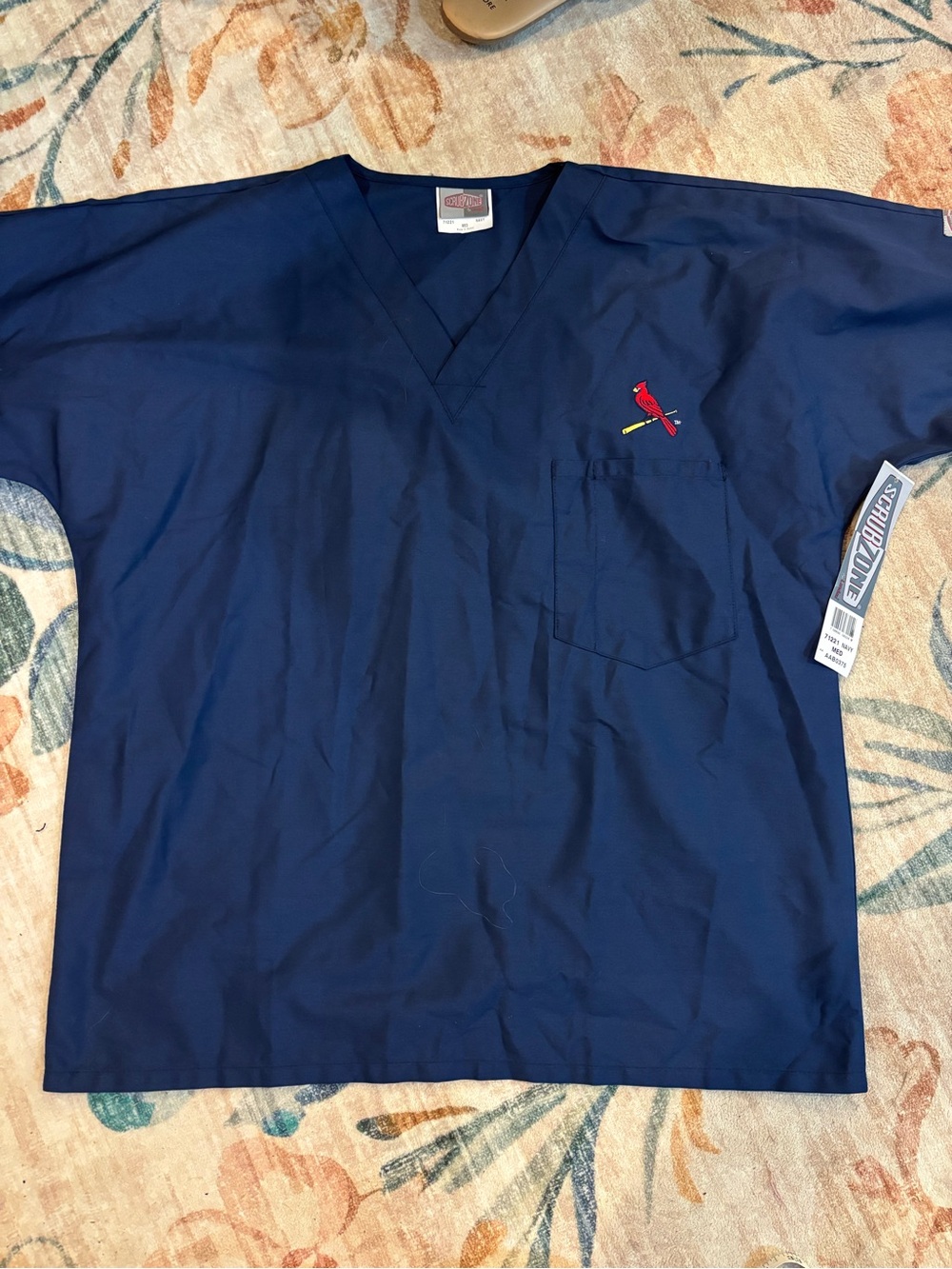 NWT Men's Navy V-Neck Scrub Top with Embroidered Cardinal
